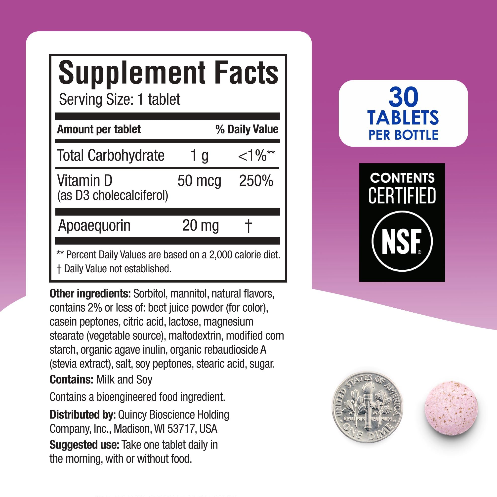 Apoaequorin 20mg with Vitamin D3 on Prevagen bottle