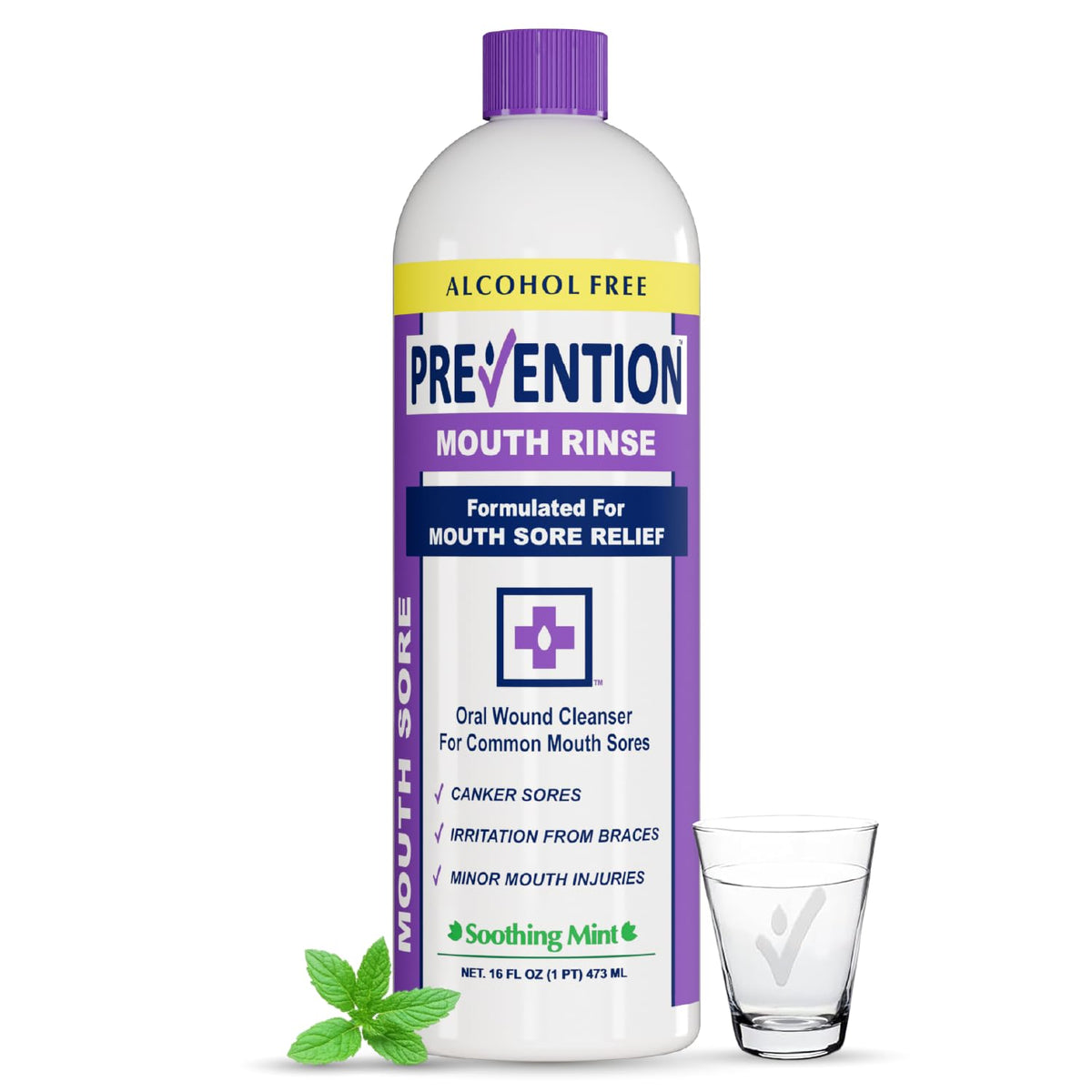 Prevention Mouth Sore Mouth Rinse bottle front view, 16 oz