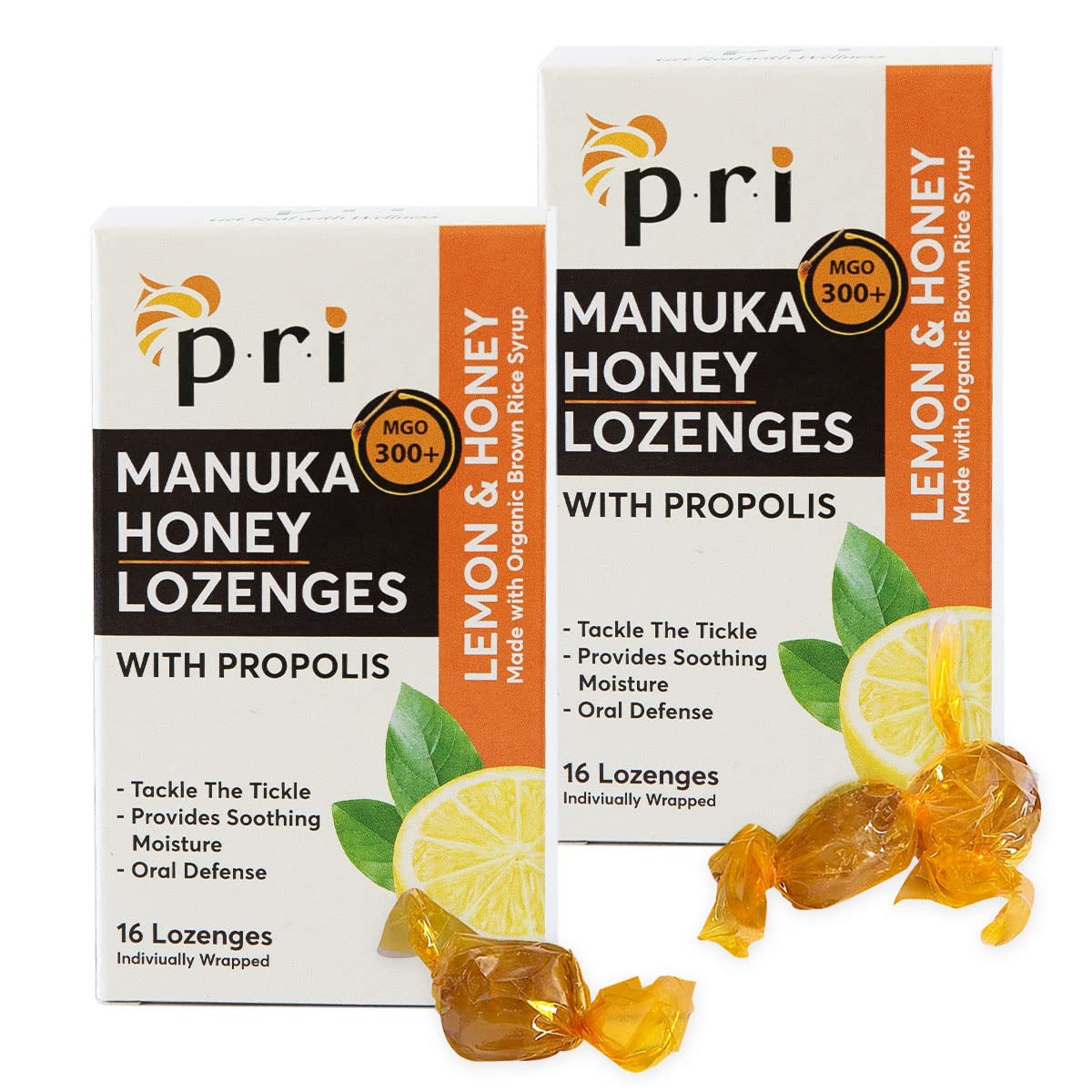 P.R.I Manuka Honey Lozenges with Propolis Lemon flavor packaging front view