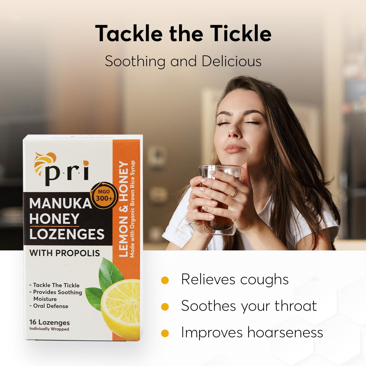 Lemon-flavored Manuka honey lozenges with Propolis on white background