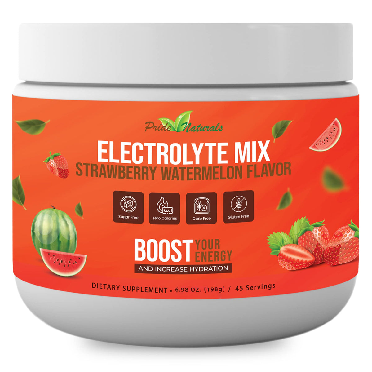 Pride Naturals Electrolyte Powder front label shows strawberry watermelon flavor for refreshing hydration