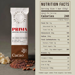 PRIMA Ancestral Protein Bar 7-pack packaging showing cacao flavor