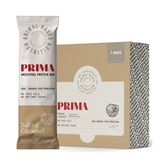 PRIMA Ancestral Protein Bar Salted Caramel – packaging and 7-pack box