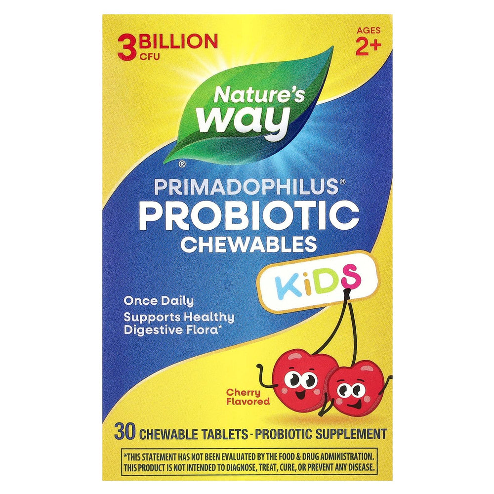 Nature's Way Primadophilus Probiotic Chewables for Kids bottle with cherry-flavored chewables