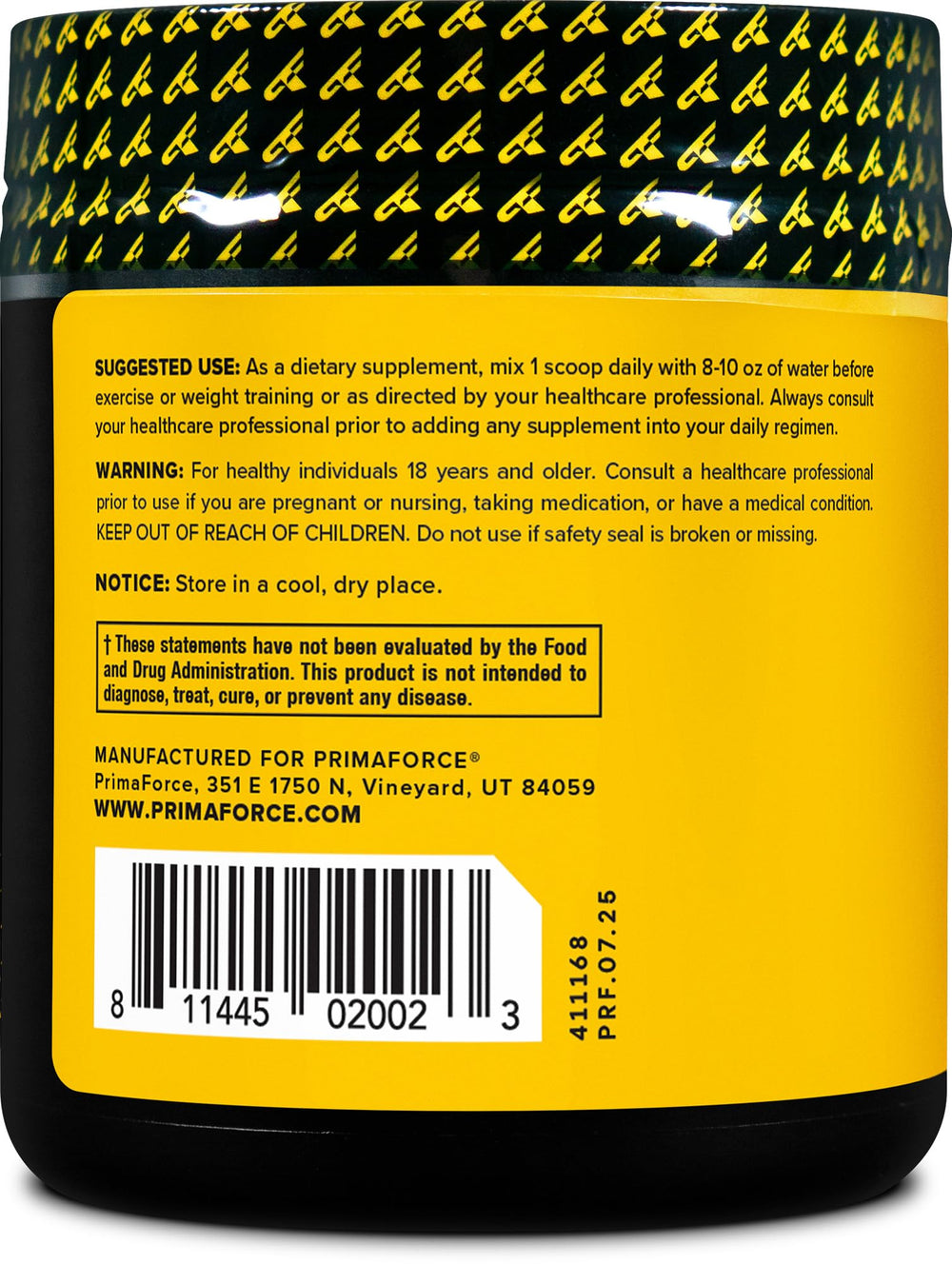 PrimaForce AAKG lab-test-results label conveys potency and purity