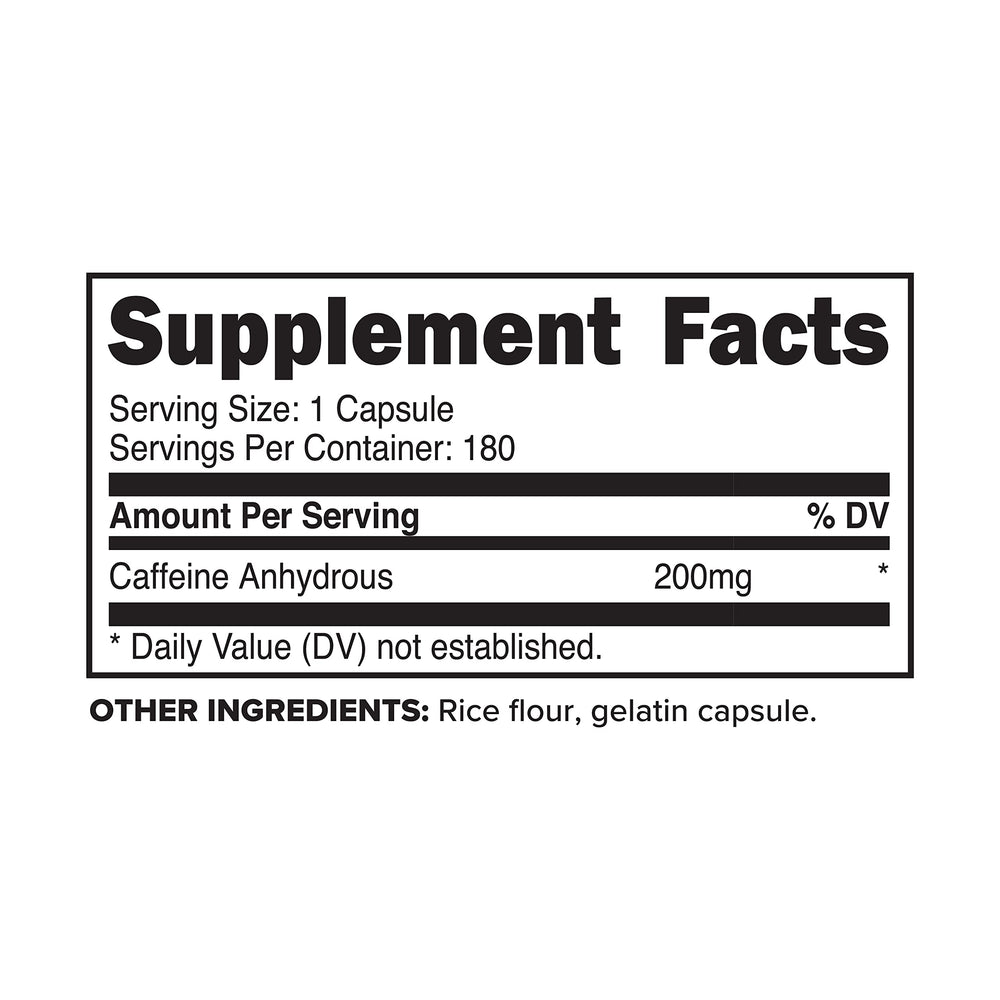 Caffeine pills bottle with 180 capsules