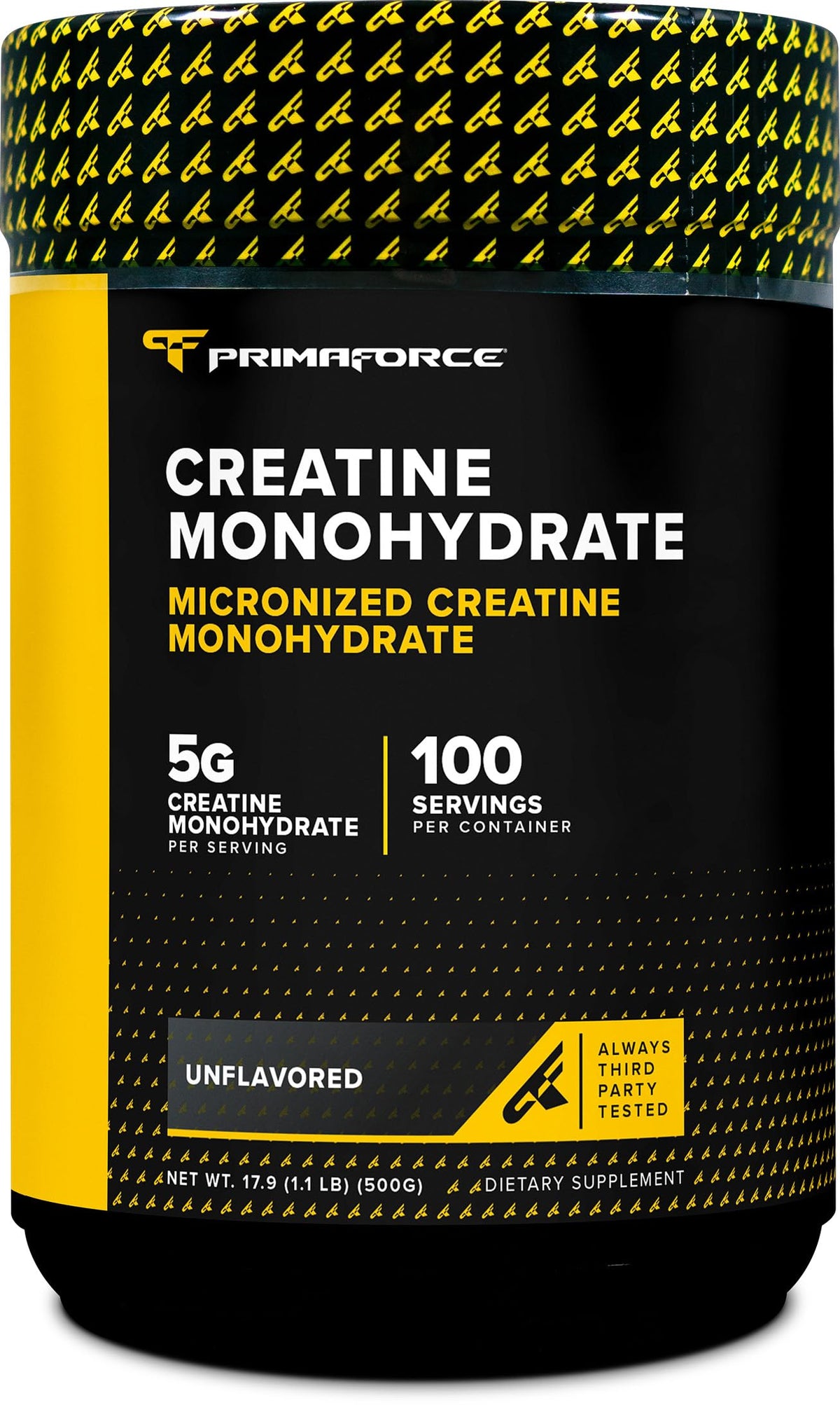 Front view of Primaforce Micronized Creatine Monohydrate 500g bottle