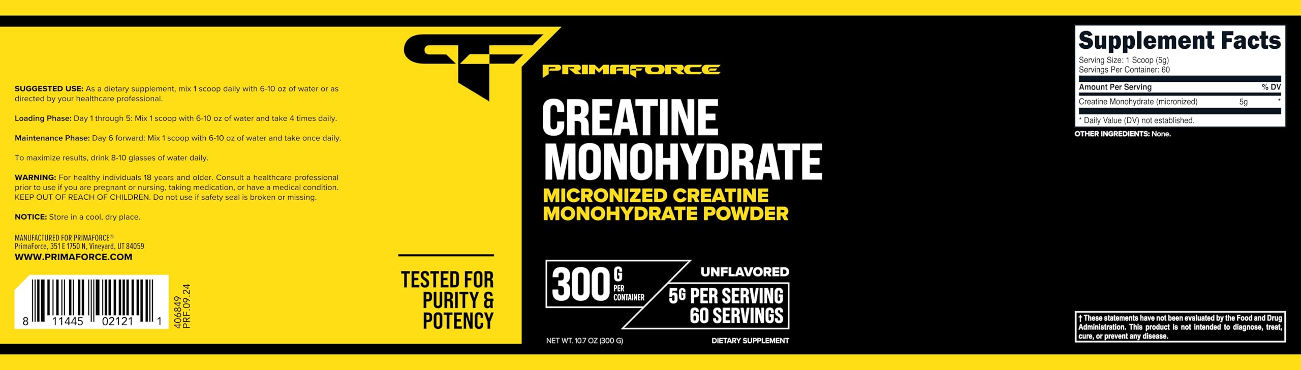Nutrition facts panel for Primaforce Creatine Monohydrate Powder