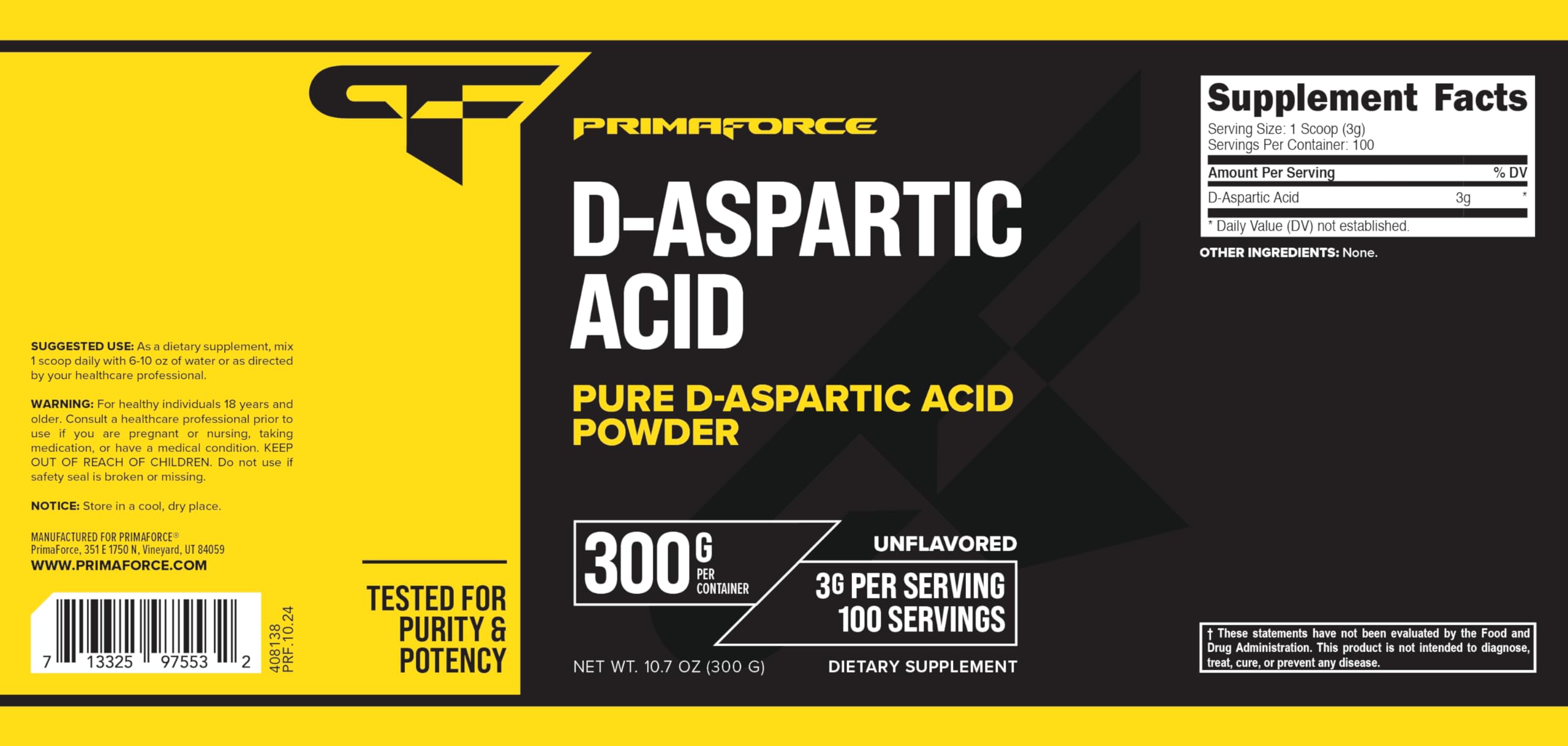 Front view of Primaforce D-Aspartic Acid 300 g packaging with 100 servings