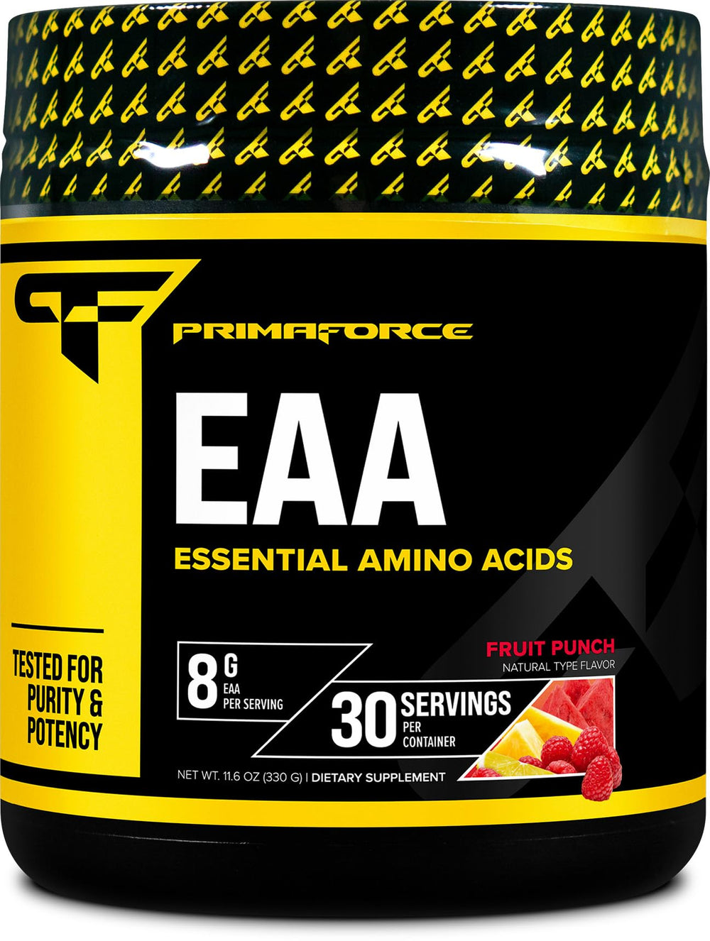 PrimaForce EAA Powder Fruit Punch flavor bottle and scoop