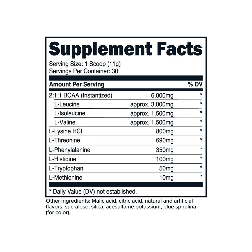 Nutrition facts panel for Primaforce EAA Powder Rocket Pop