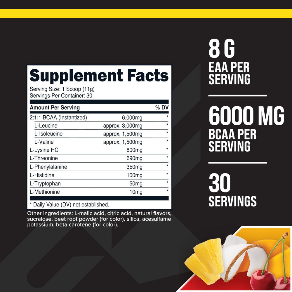 Primaforce EAA Powder Tropical Punch bottle label highlighting essential amino acids