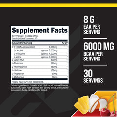 Primaforce EAA Powder Tropical Punch bottle label highlighting essential amino acids