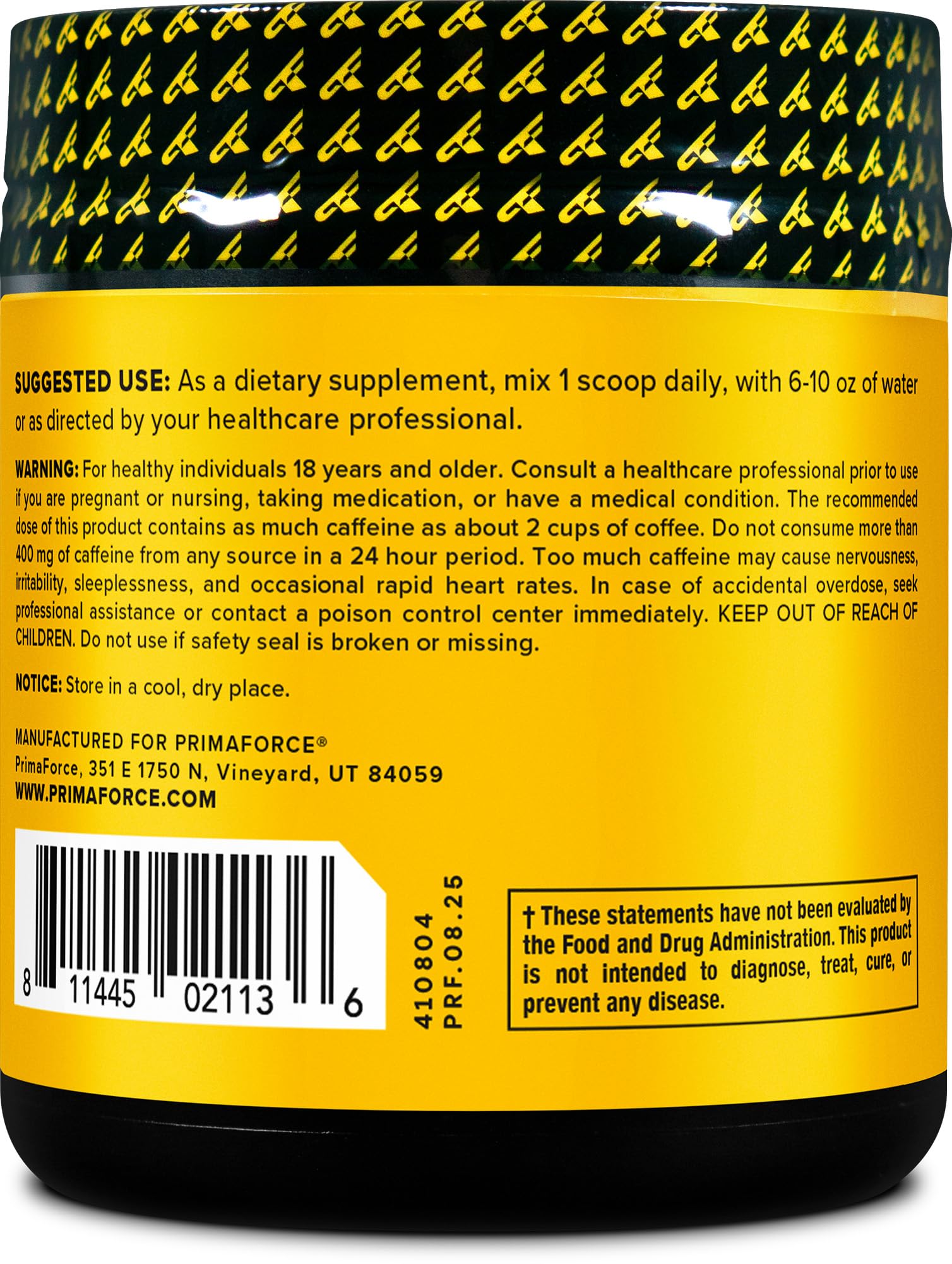 Primaforce Guarana Powder label closeup emphasizes purity and testing standards