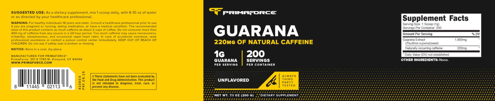 Primaforce Guarana Powder serving scoop highlights 220 mg caffeine per serving