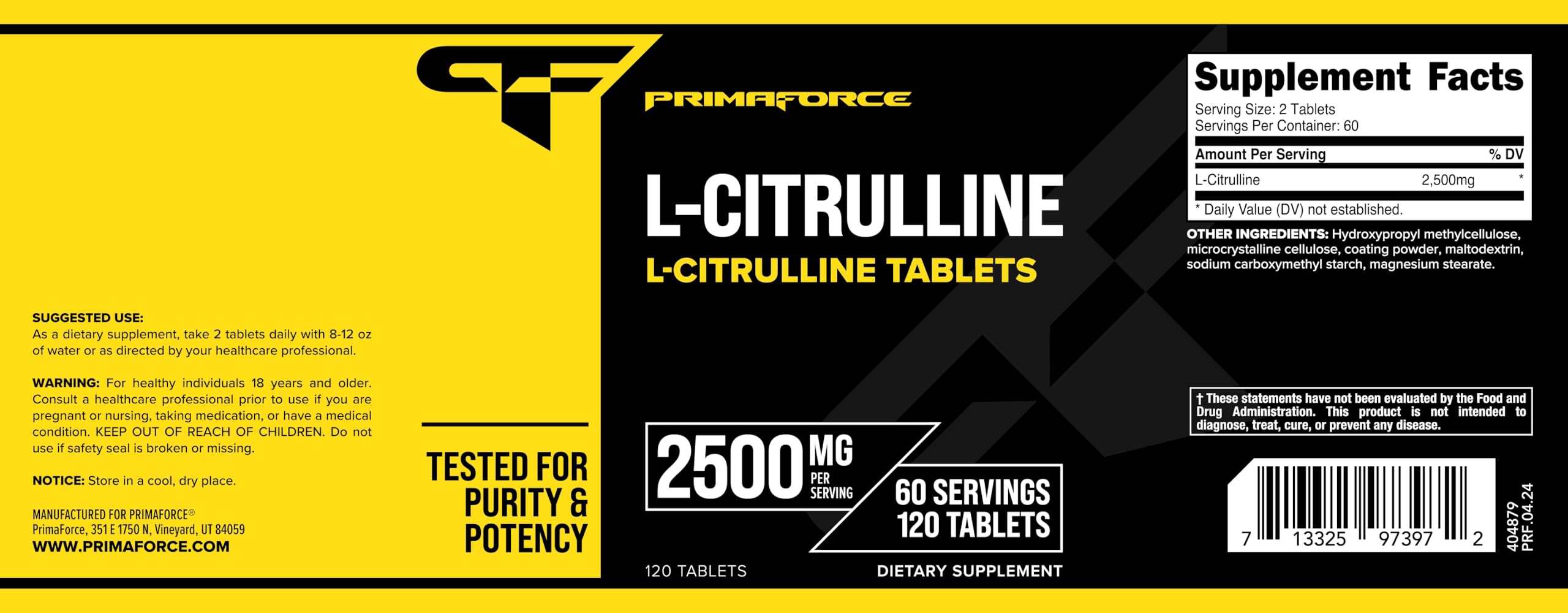 Supplement facts panel highlighting 2500mg L-Citrulline per serving