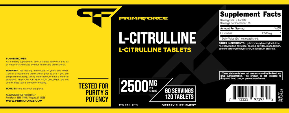 Supplement facts panel highlighting 2500mg L-Citrulline per serving