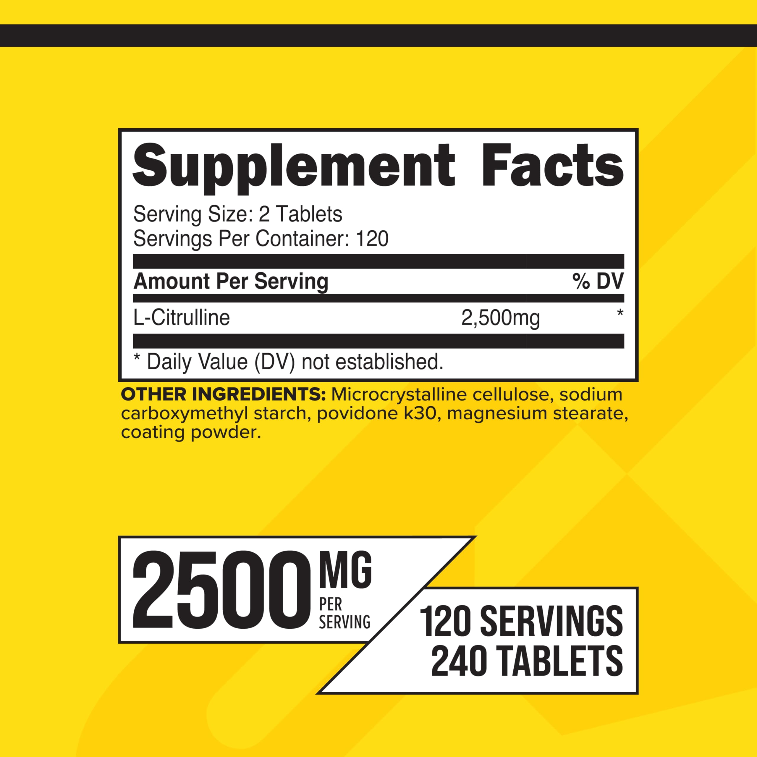 Close-up of supplement facts showing 2500mg L-Citrulline per serving