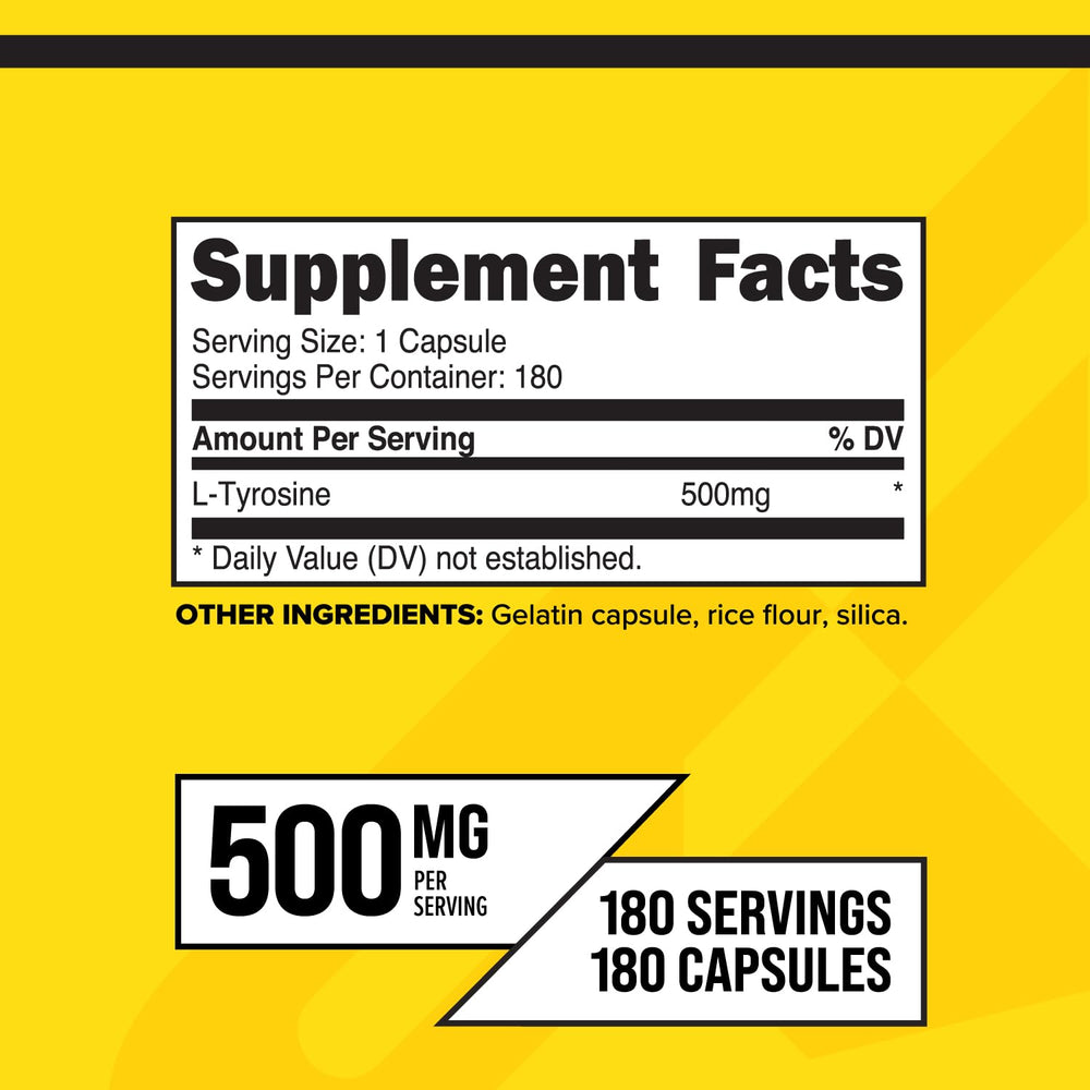 Close-up of Primaforce L-Tyrosine label showing 500 mg per serving
