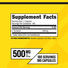Close-up of Primaforce L-Tyrosine label showing 500 mg per serving