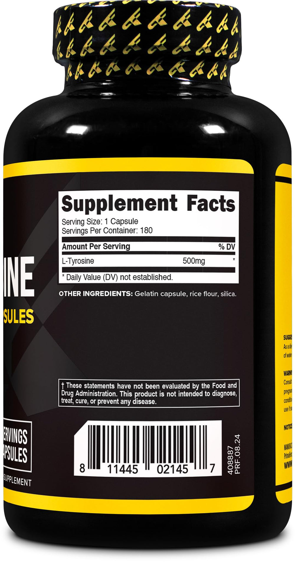 Supplement facts panel for Primaforce L-Tyrosine capsules