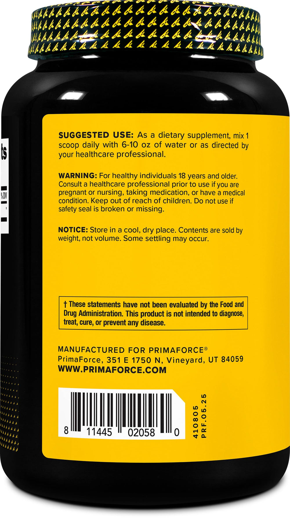 Nutrition facts panel for Primaforce L-Leucine 1kg