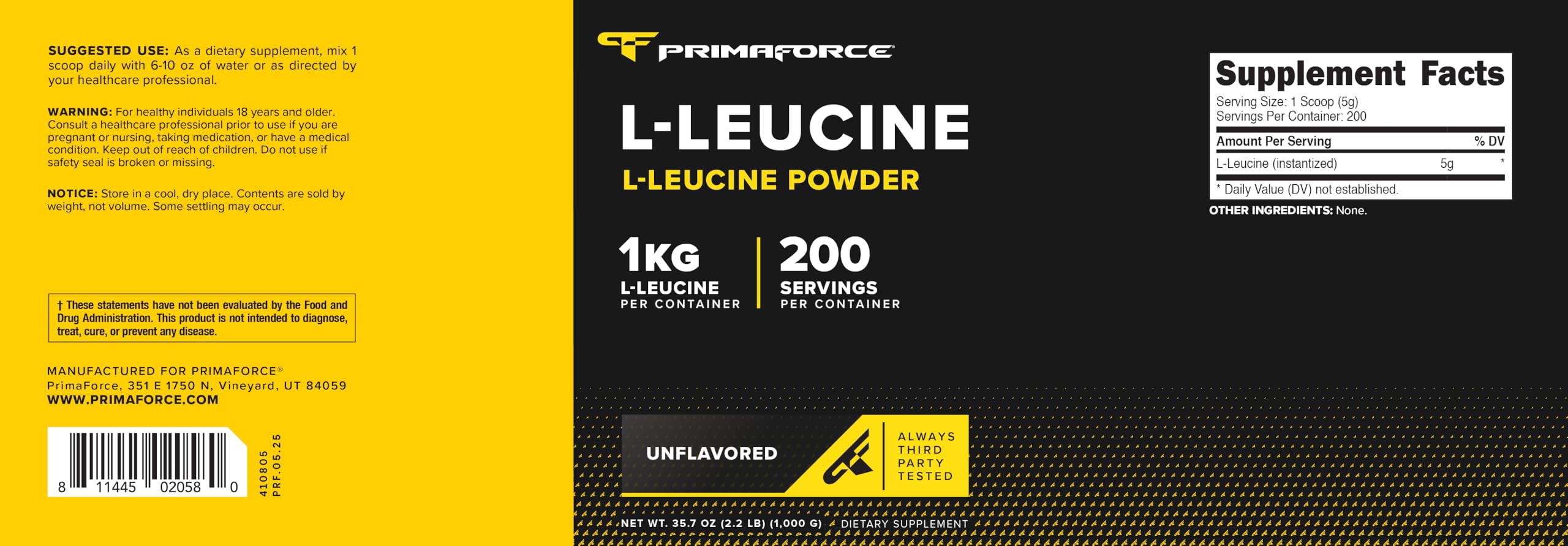 Serving scoop showing 5g of L-Leucine per serving