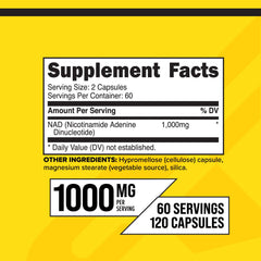 NAD+ supplement bottle displaying 1000 mg per serving and 120 capsules