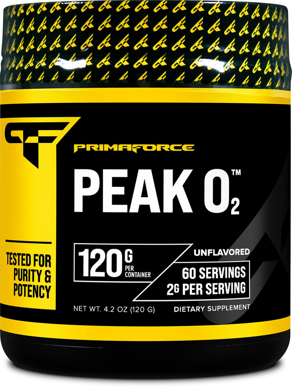 Primaforce Peak O2 bottle label—quality GMP-grade formula for workouts