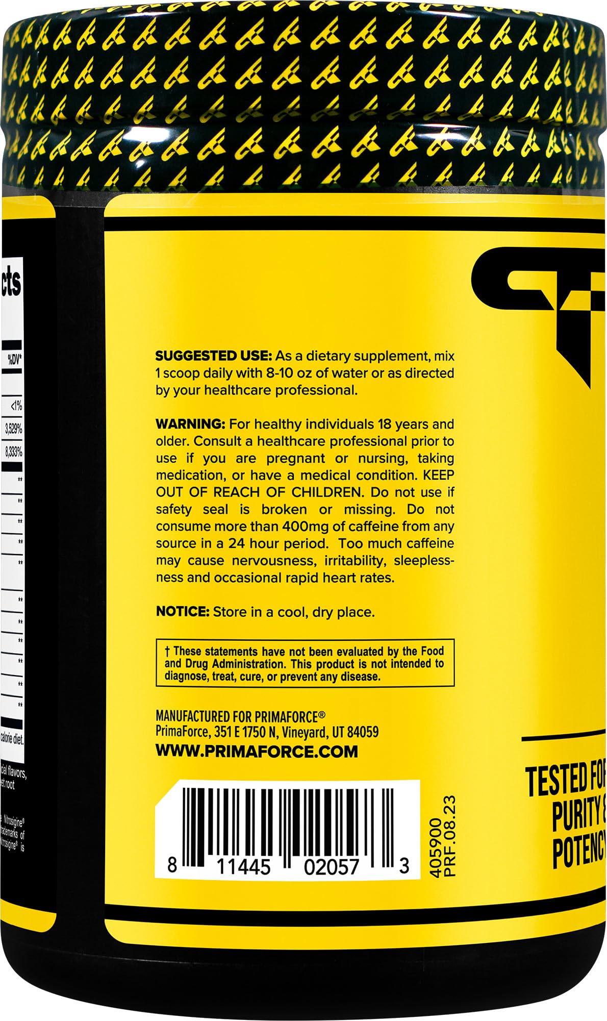 Primaforce gluten-free and non-GMO label on pre-workout