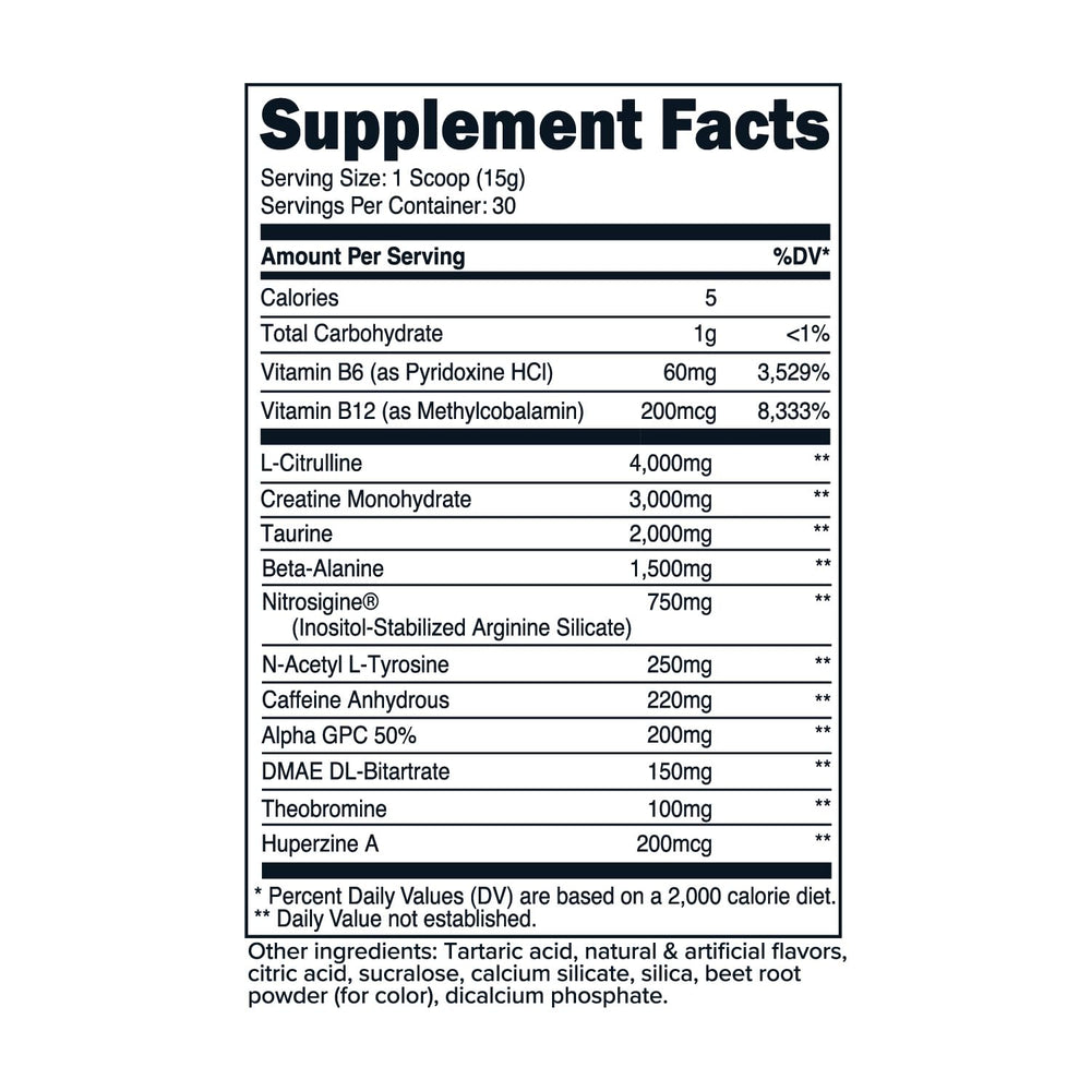 Primaforce Pre-Workout Complex Watermelon Candy 438g nutrition label