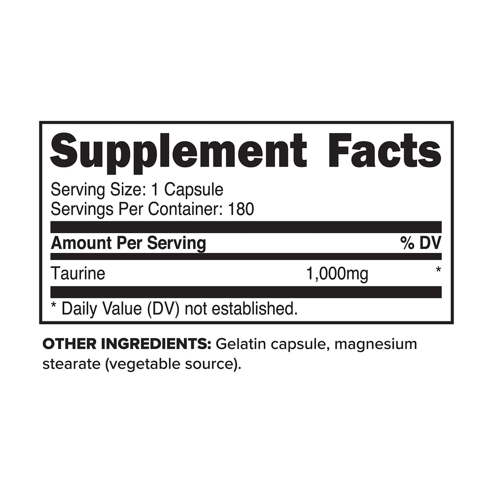 Nutritional label for Primaforce Taurine 1000mg capsules
