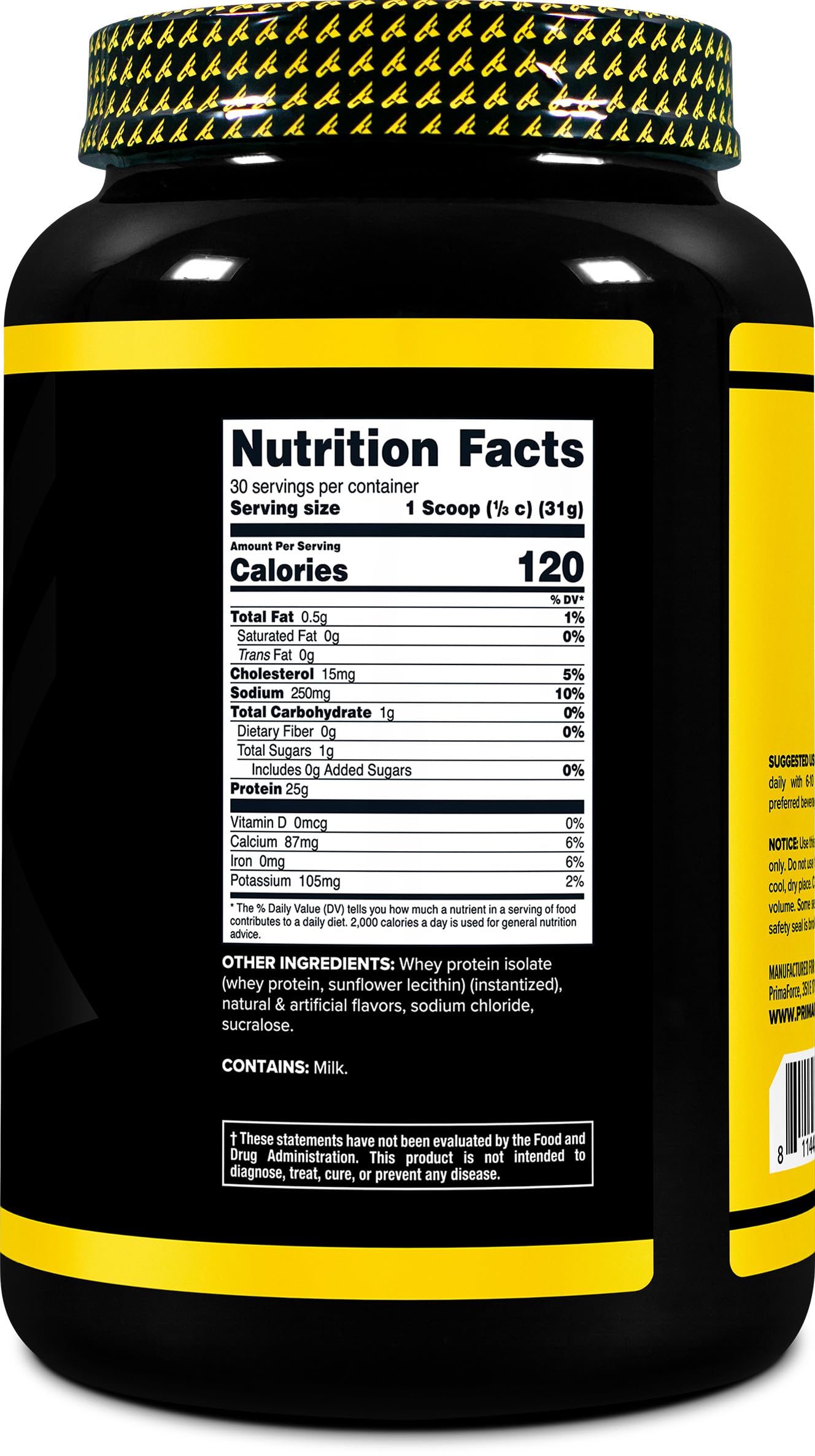 Primaforce Whey Protein Isolate Vanilla nutrition label highlights purity and quality.