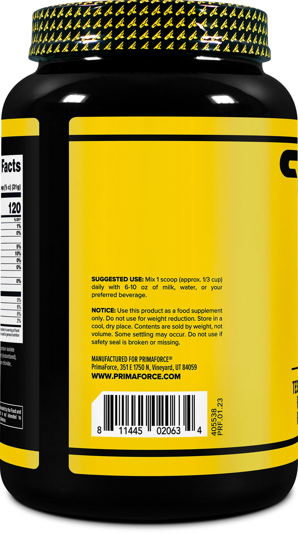 Primaforce Whey Protein Isolate Vanilla powder being poured into a shaker.