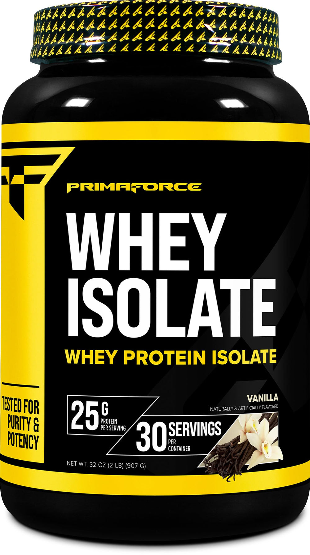 Primaforce Whey Protein Isolate Vanilla tub front for post-workout fueling.