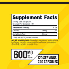 Close-up of Primaforce Alpha Lipoic Acid bottle label showing 600mg per serving