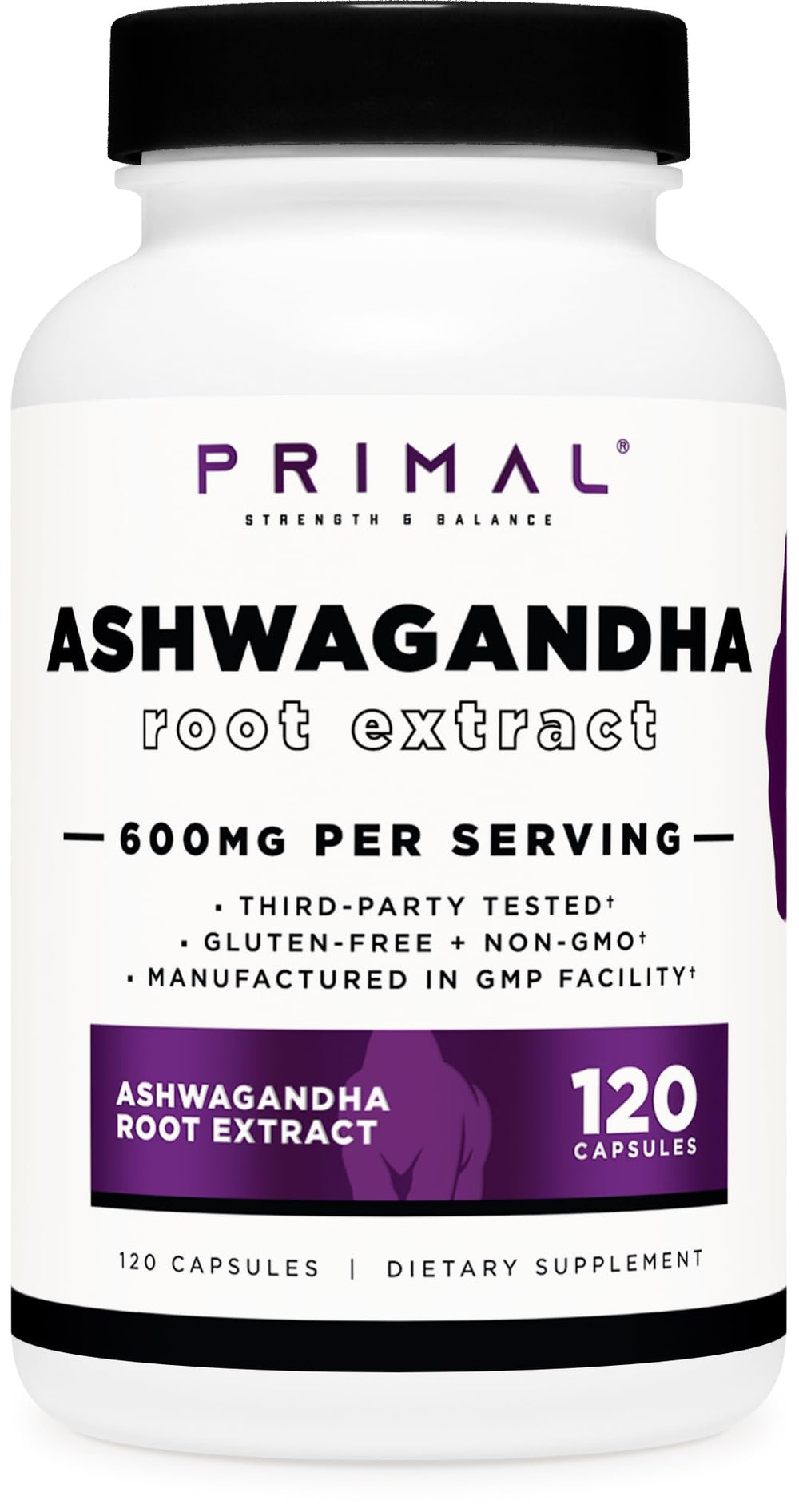 Primal Ashwagandha Root Extract bottle - 120 capsules, 600mg per serving