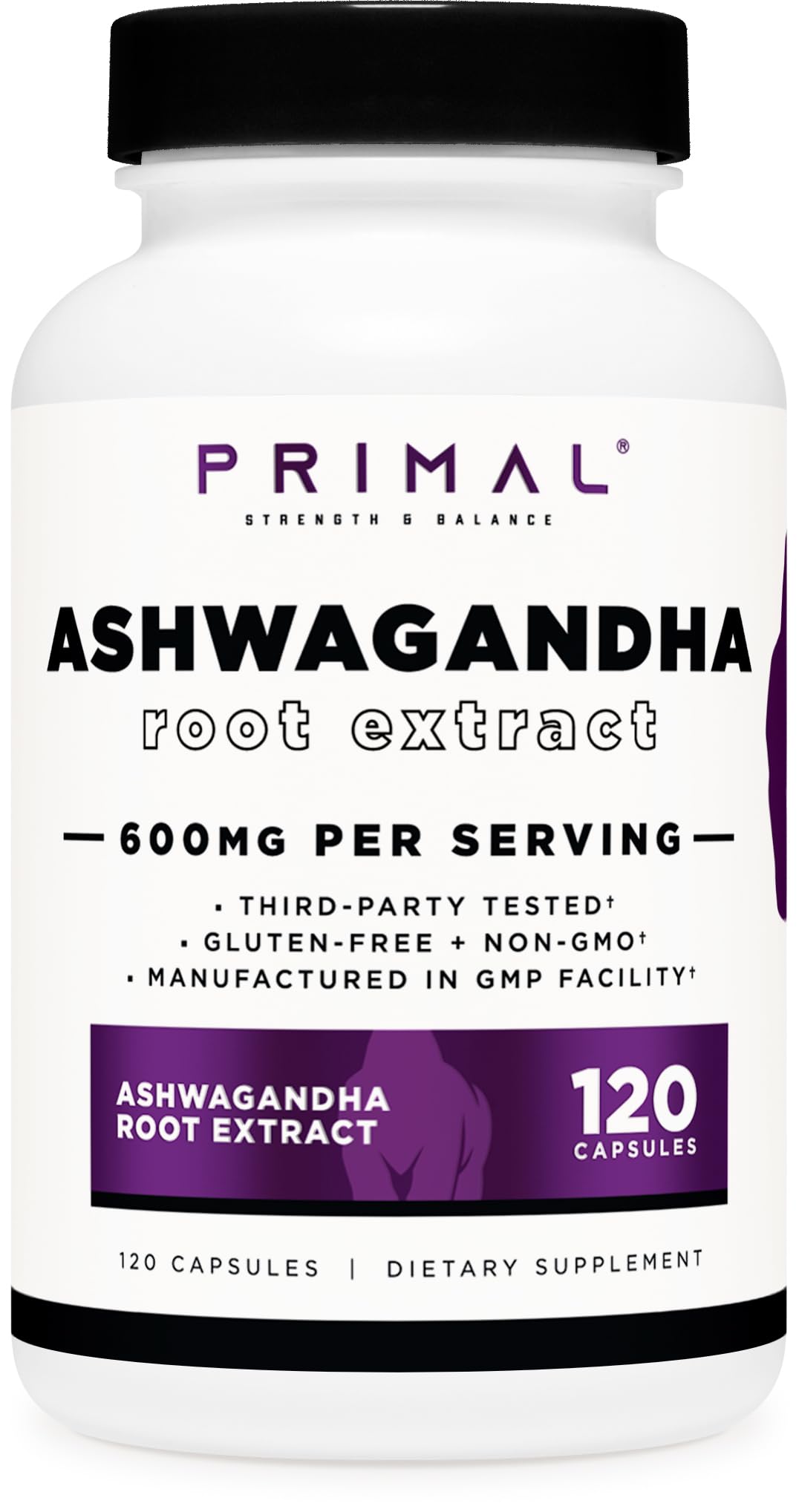 Primal Ashwagandha Root Extract bottle - 120 capsules, 600mg per serving