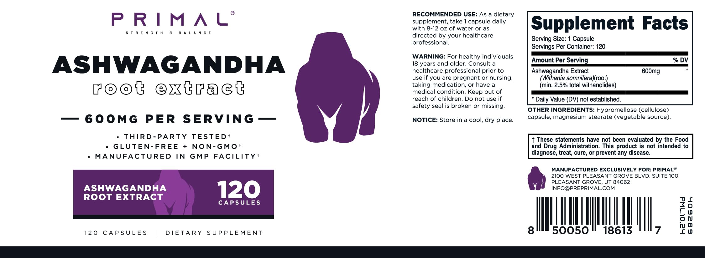 Label showing ashwagandha root extract ingredients