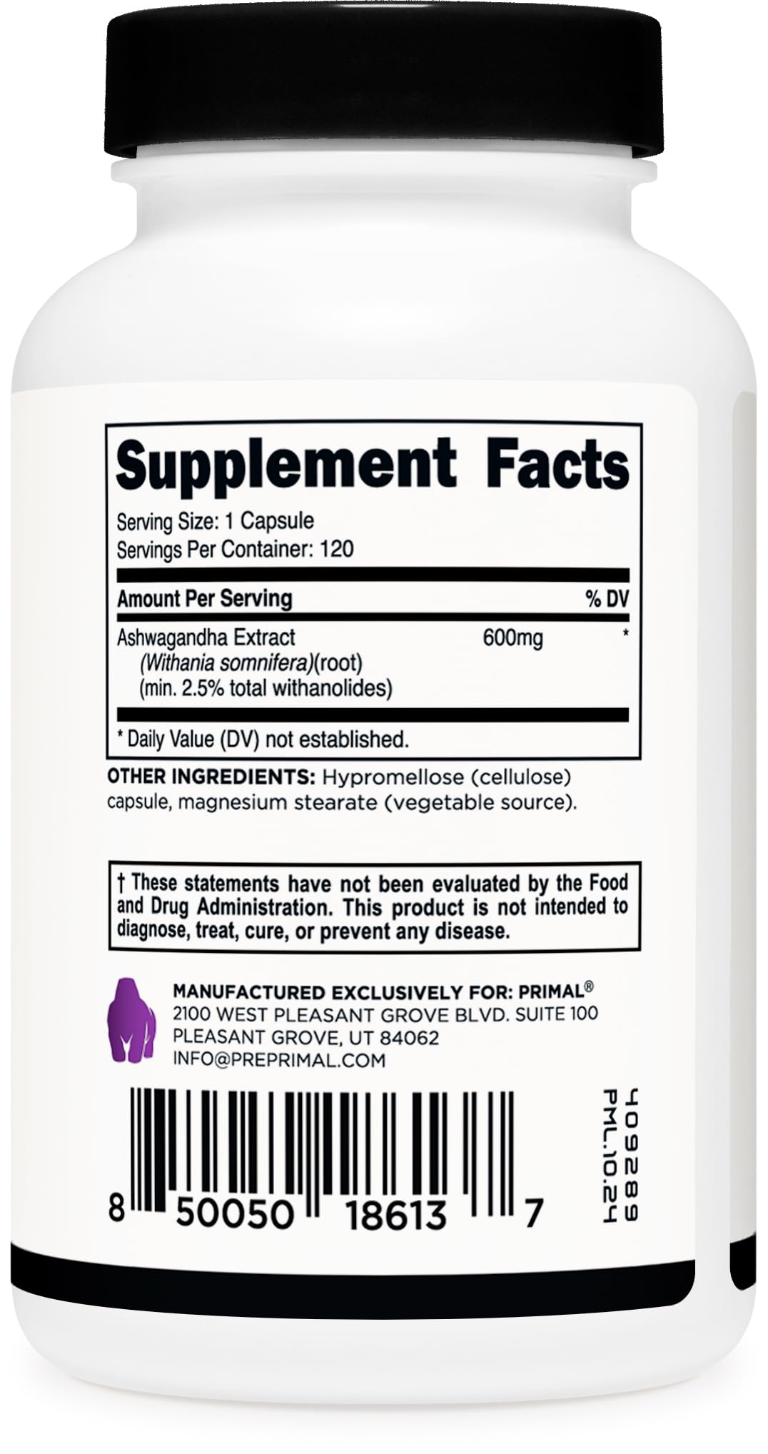 Gluten-free and non-GMO Primal Ashwagandha packaging