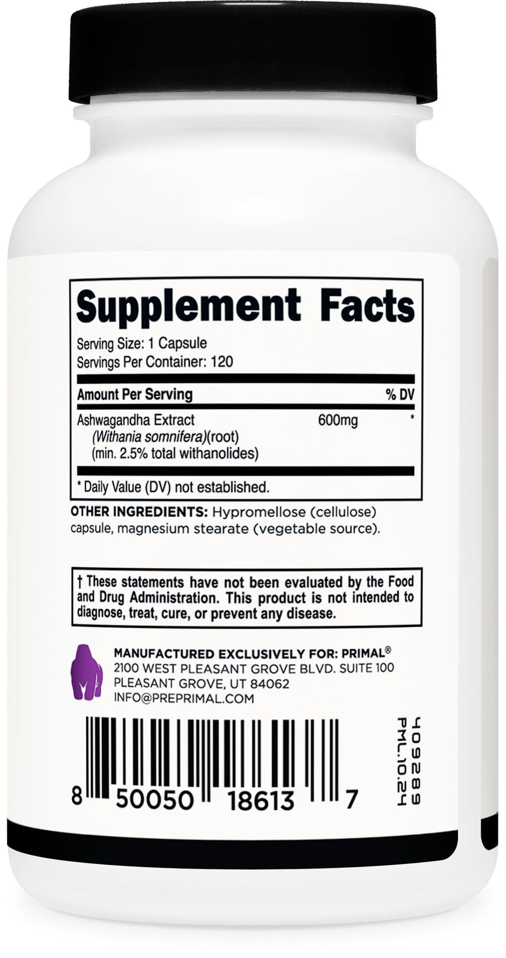 Gluten-free and non-GMO Primal Ashwagandha packaging