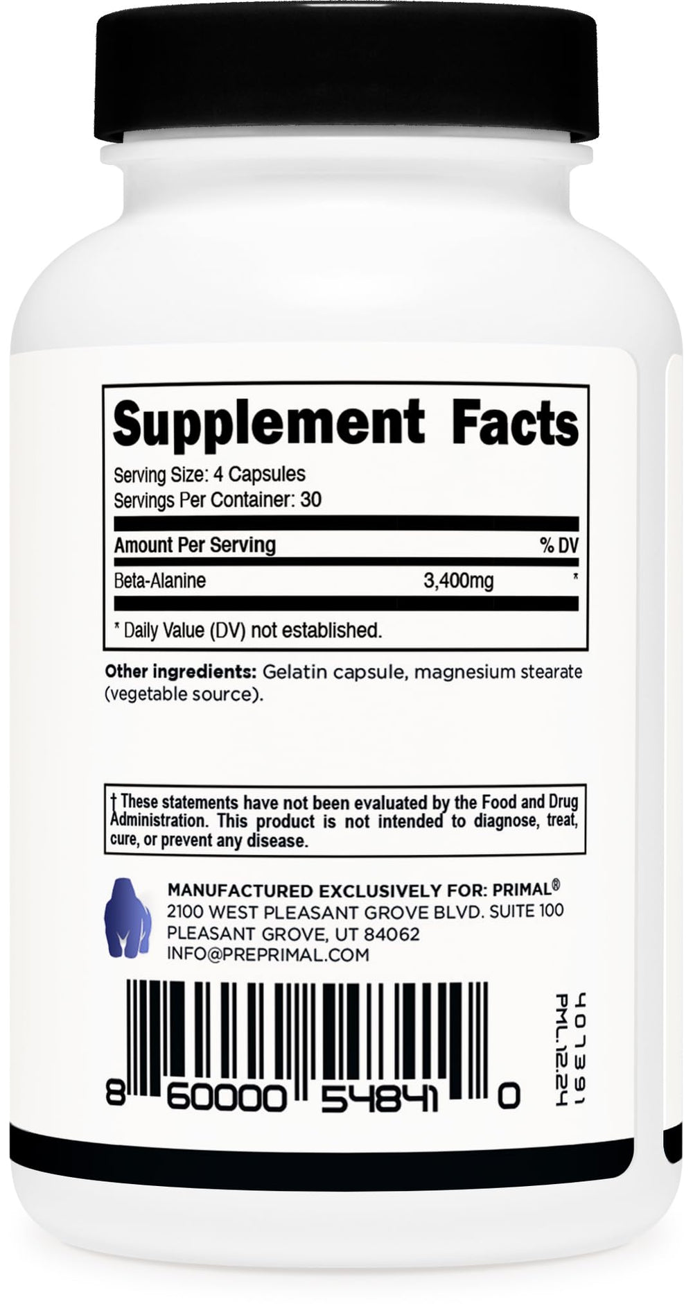 Gluten-Free and Non-GMO Primal Beta-Alanine packaging