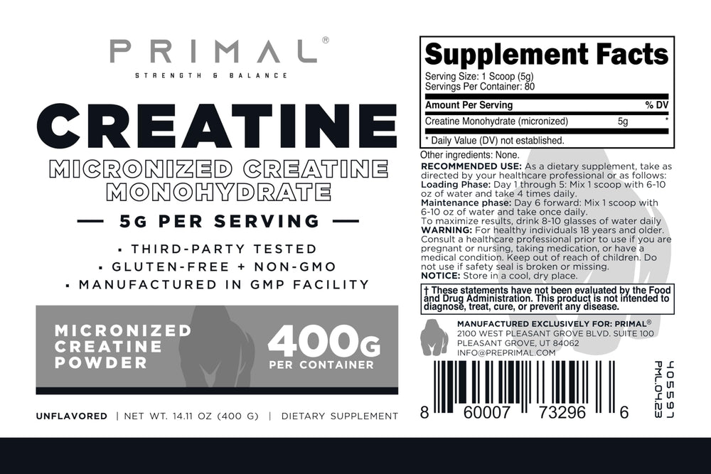 Primal Creatine Monohydrate bottle in gym setting for pre- and post-workout use
