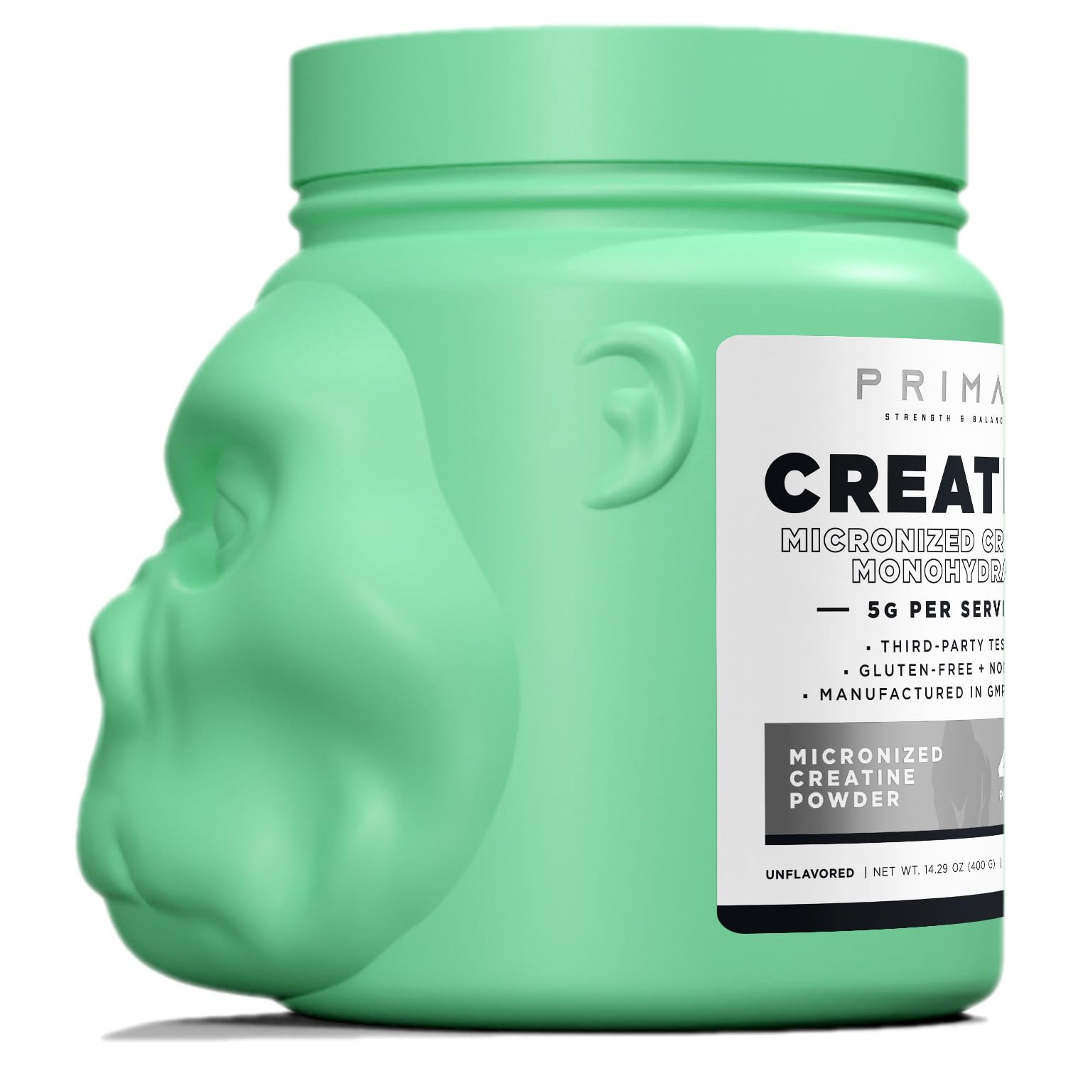 Primal Creatine Monohydrate bottle label featuring third-party testing and ISO accreditation