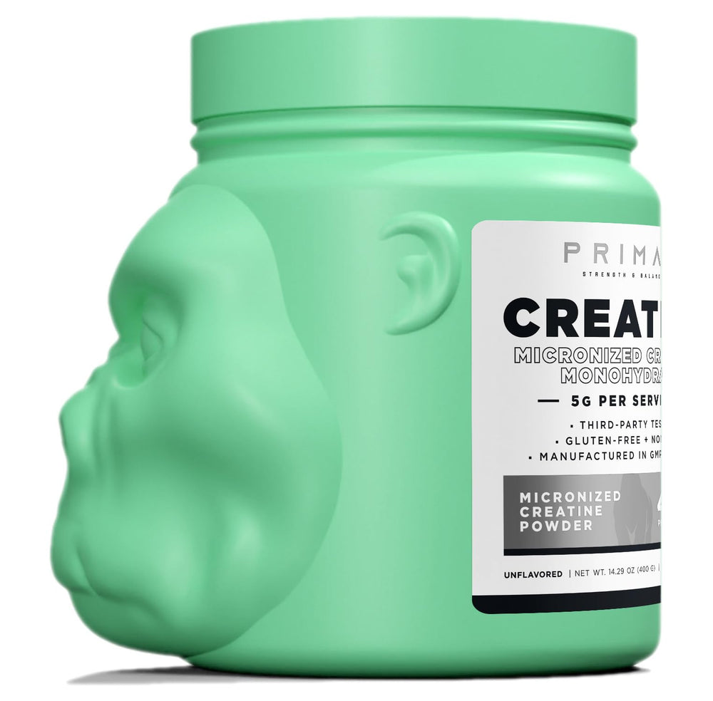Primal Creatine Monohydrate bottle label featuring third-party testing and ISO accreditation