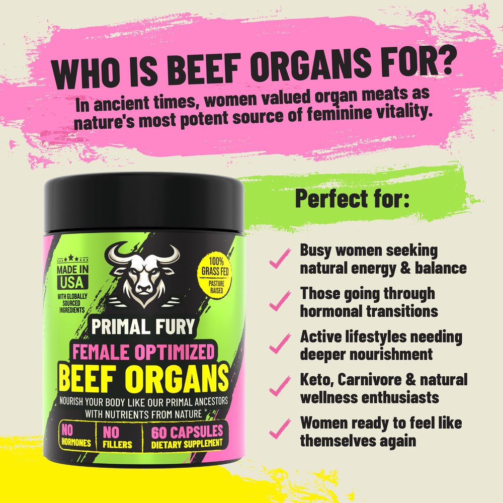 PRIMAL FURY bottle with label highlighting grass-fed organs