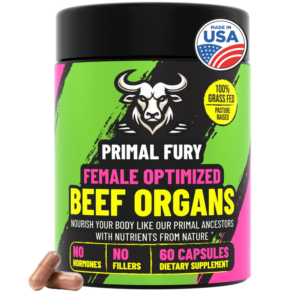PRIMAL FURY grass-fed beef organ bottle supports daily energy and balance.