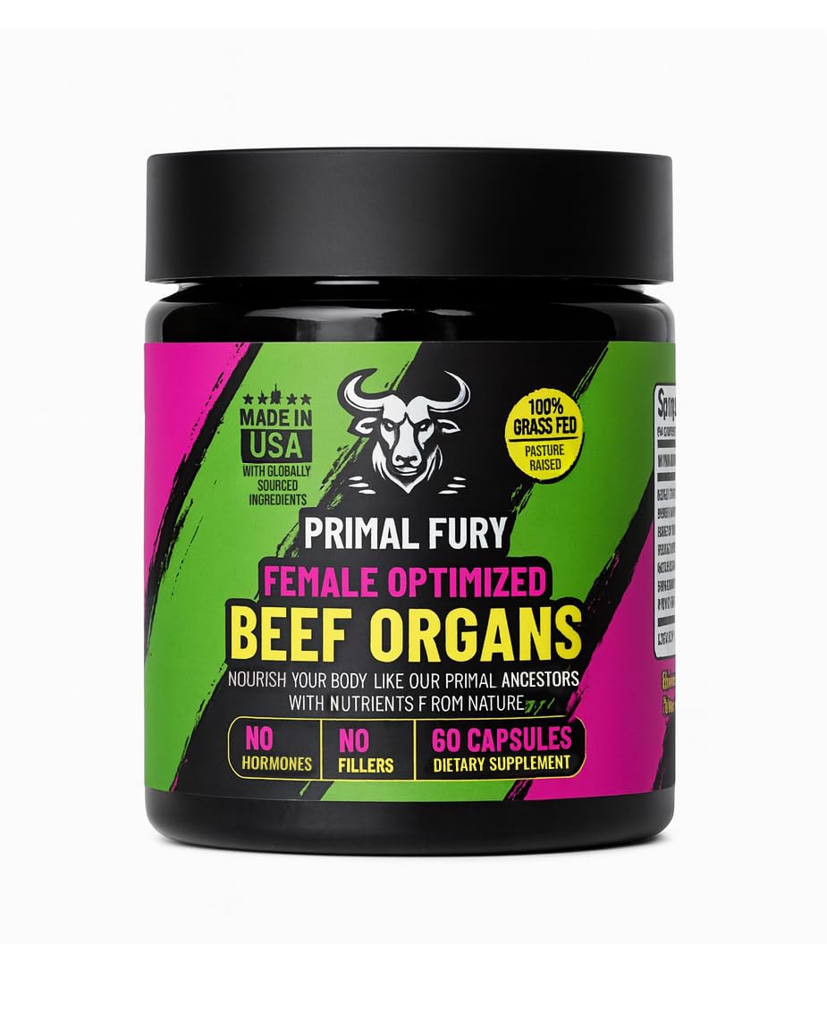 PRIMAL FURY grass-fed beef organ bottle supports daily energy and balance.