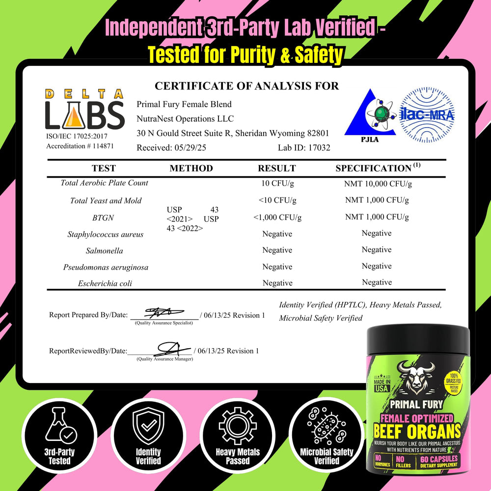 PRIMAL FURY six-organ blend ingredients close-up highlights nutrient support for balance.
