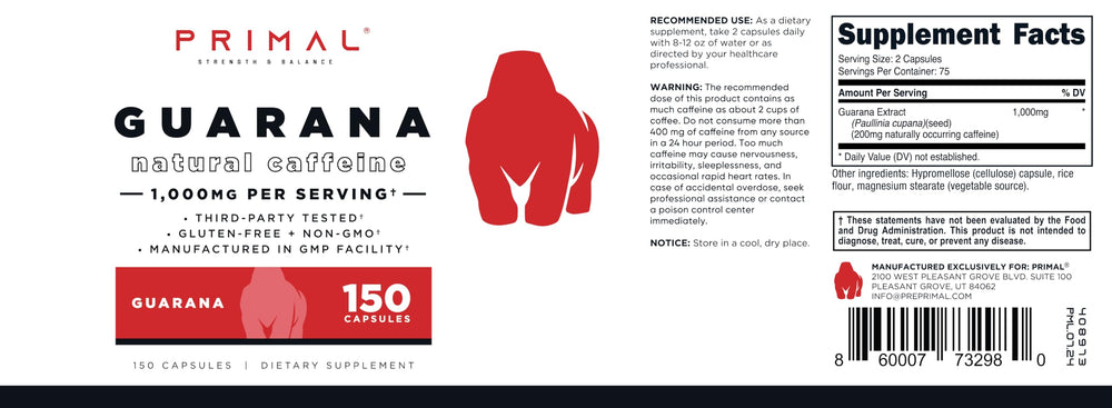 Primal Guarana packaging on shelf signals gluten-free and non-GMO quality